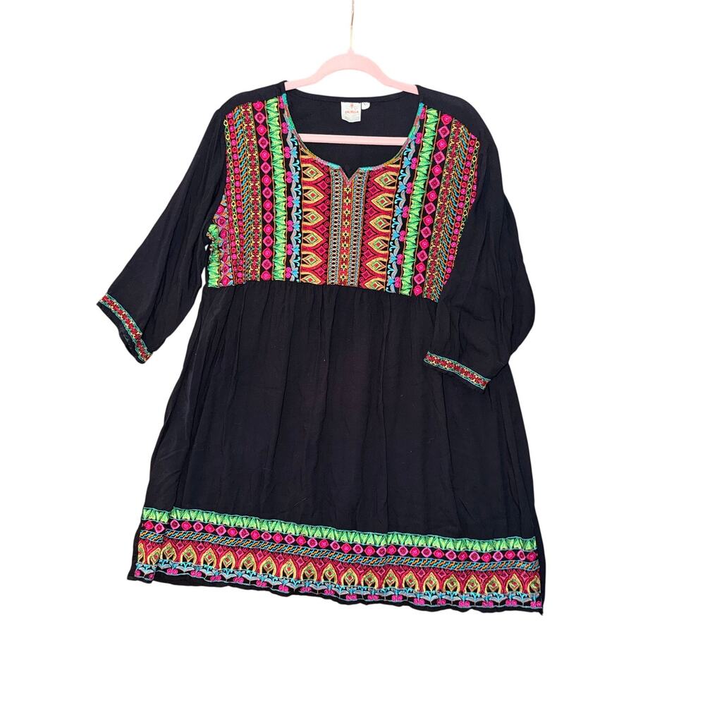 Durga embroidered black dress with multicolor short XL resort vacation tropical